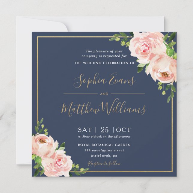 Convites Casamento de Marinho Verde Floral Cor-de-Rosa Chic (Frente)
