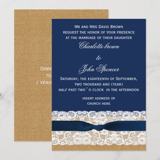 Convites Casamento de Marinhos de burlap e Lace (Frente/Verso)
