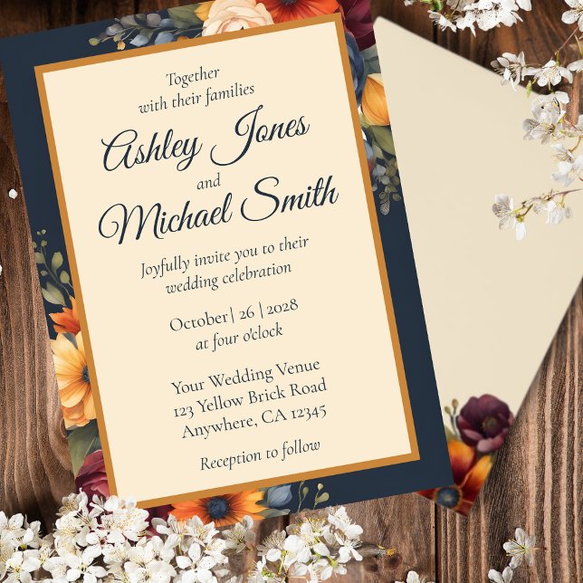Convites Casamento de marinhos e flores amarelas selvagens (Criador carregado)