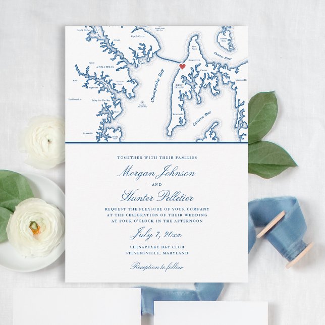 Convites Casamento de Marinhos Elegante do Clube de Praia d (Chesapeake Bay Beach Club Wedding Invitation with Elegant Navy Blue Stevensville Maryland Map )