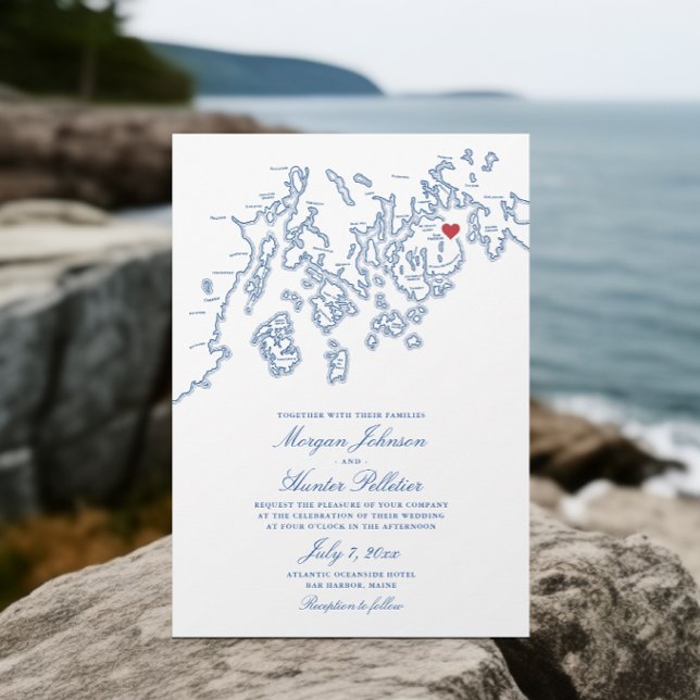 Convites Casamento de Marinhos Elegante do Mapa do Porto ba (Bar Harbor Maine Map Wedding Invitation in elegant navy blue by Penobscot Bay Shop)