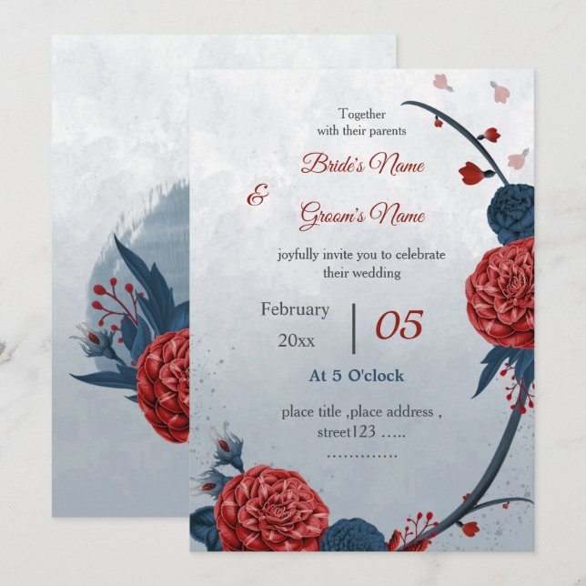 Convites casamento de marinhos românticos e flores burgundy (Frente/Verso)