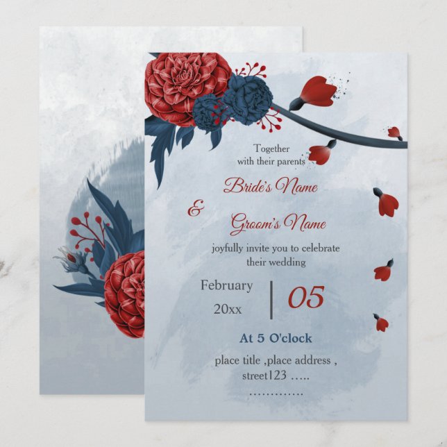 Convites casamento de marinhos românticos e flores burgundy (Frente/Verso)