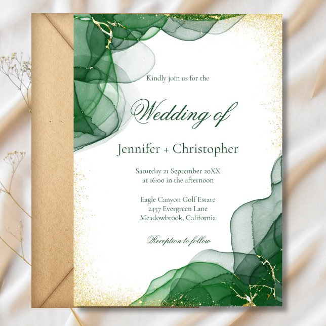 Convites Casamento de Mármore Branco Esmeralda Verde Dourad (White Emerald Green Gold Marble Wedding Invitation)