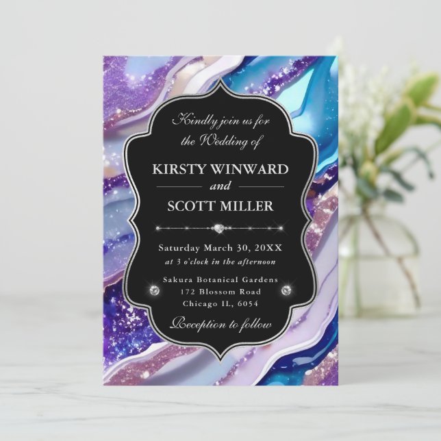 Convites Casamento de Mármore Brilhante Azul Roxo Elegante (Em pé/Frente)