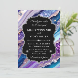 Convites Casamento de Mármore Brilhante Azul Roxo Elegante