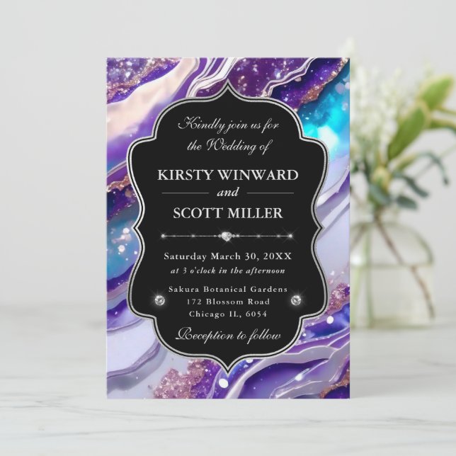 Convites Casamento de Mármore Brilhante Azul Roxo Elegante (Em pé/Frente)