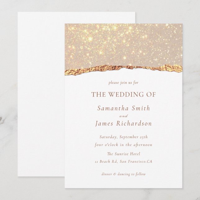 Convites Casamento de Mármore Brilho Dourado Branco  (Frente/Verso)