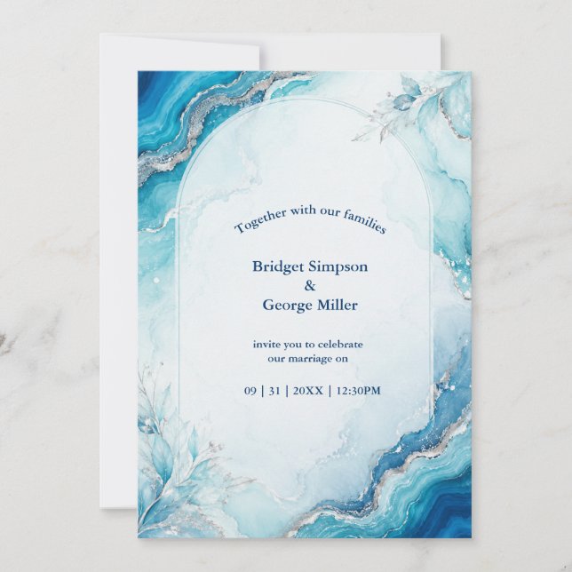 Convites Casamento de mármore Coastal Aqua Agate Luxe (Frente)