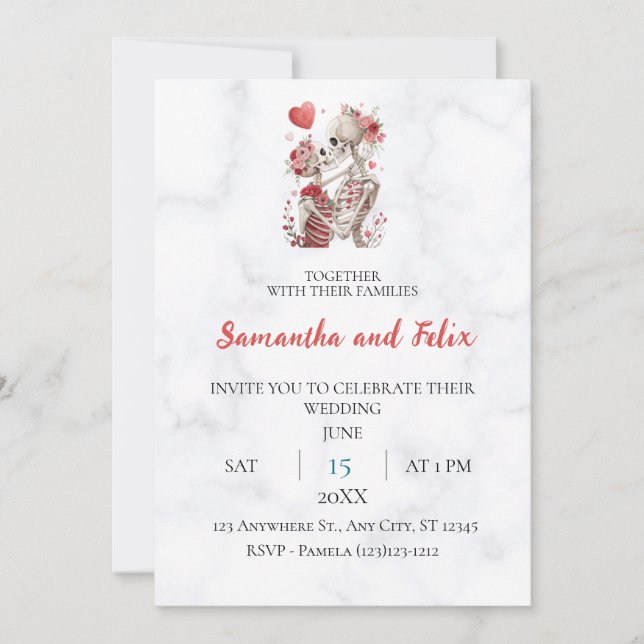 Convites Casamento de Mármore com Esqueleto Floral (Frente)