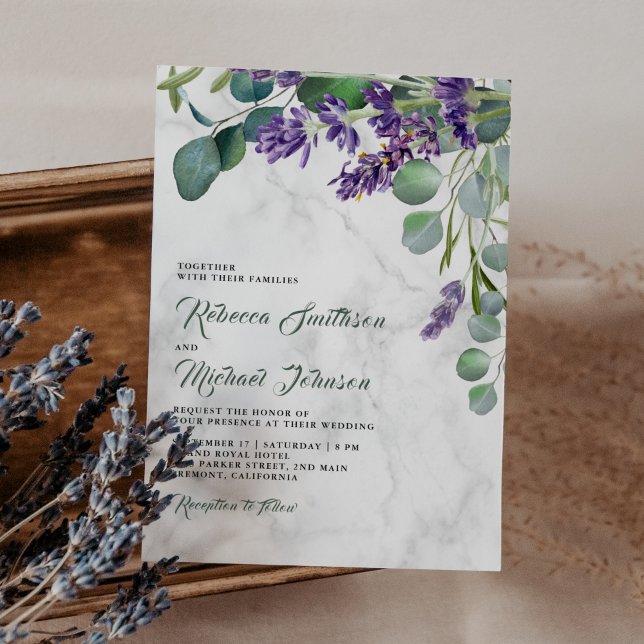 Convites Casamento de Mármore com Lavanda Rústica e Eucalip (Criador carregado)