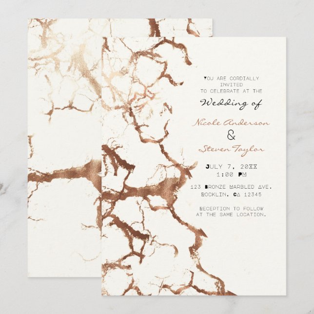 Convites Casamento de Mármore Creme de Marfim Moderno Bronz (Frente/Verso)
