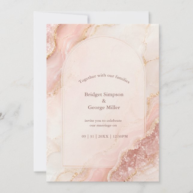 Convites Casamento de mármore de Ágata Quartzo Rosa Românti (Frente)