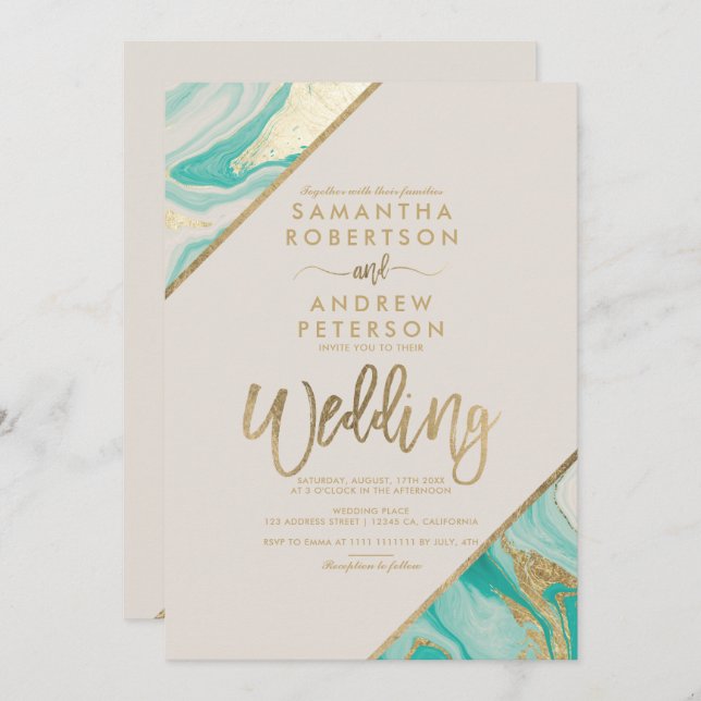 Convites Casamento de mármore de turquesa com listras Doura (Frente/Verso)