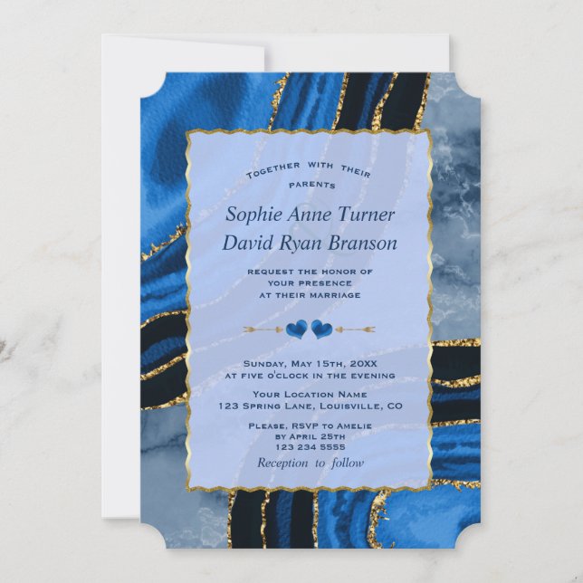 Convites Casamento de Mármore Dourado Ágata Azul-Marinho Ún (Frente)