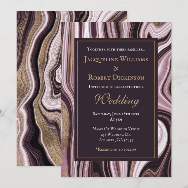 Convites Casamento de Mármore Dourado e Roxo Elegante (Frente/Verso)