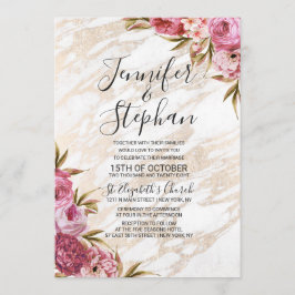 Convites Casamento de mármore Dourado floral cor-de-rosa