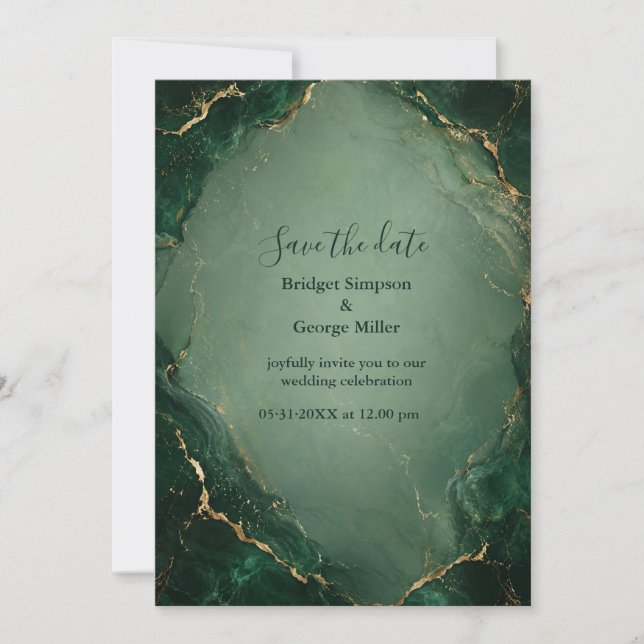Convites Casamento de Mármore Esmeralda Luxuoso Com Ouro (Frente)