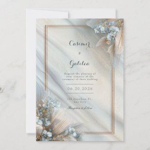 Convites Casamento de Mármore Fluido Creme Floral Azul Dour
