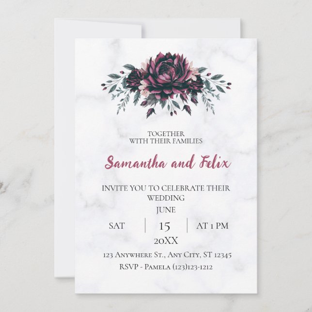 Convites Casamento de Mármore Gótico Floral Escuro (Frente)