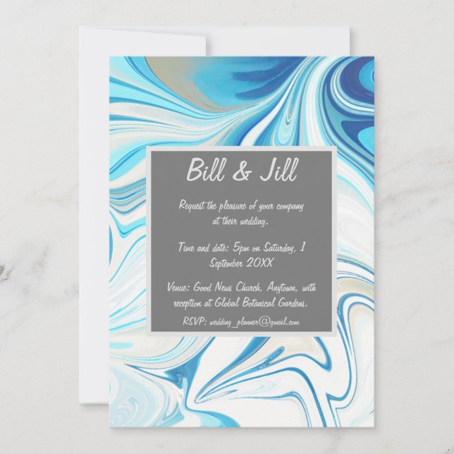 Convites Casamento de Mármore Líquido Branco Azul (Frente)