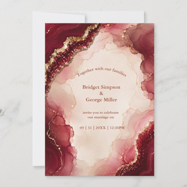 Convites Casamento de mármore Luxo Rubi Burgundy Ágata (Frente)