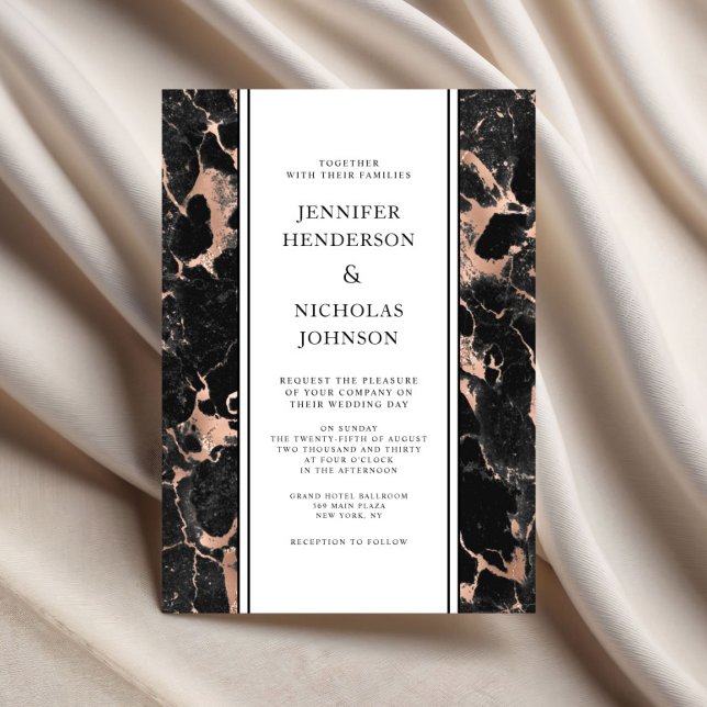 Convites Casamento de Mármore Negro Rosa Ouro Elegante (Elegant Rose Gold Black Marble Wedding Invitation)
