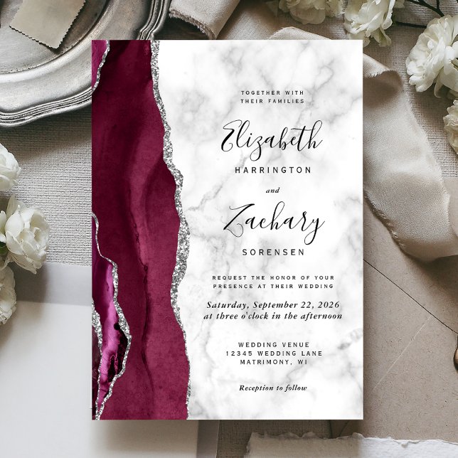 Convites Casamento de Mármore Prata Burgundy Moderno (Criador carregado)