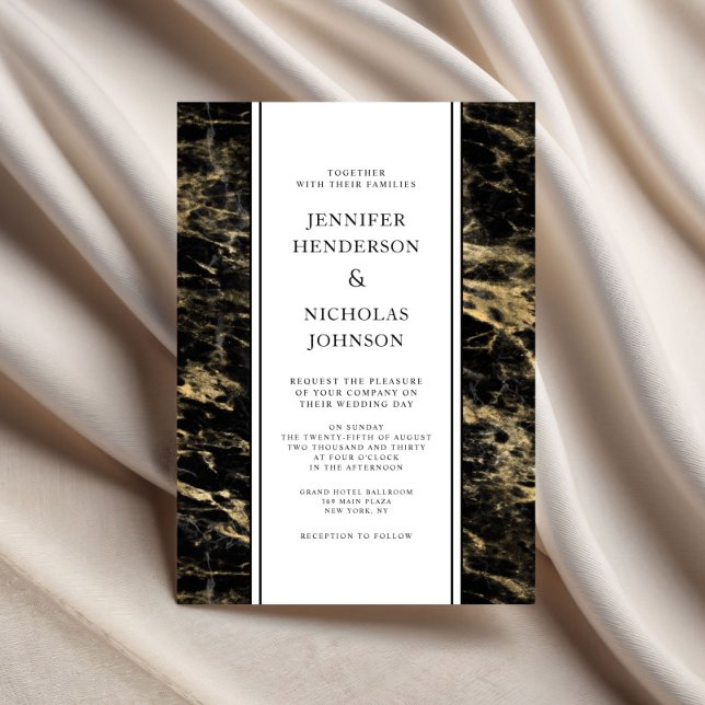 Convites Casamento de Mármore Preto Dourado Elegante (Elegant Black Gold Marble Wedding Invitation)