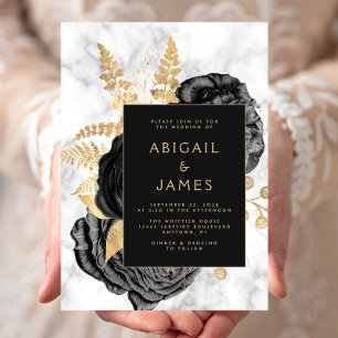 Convites Casamento de Mármore Preto Dourado Floral Elegante