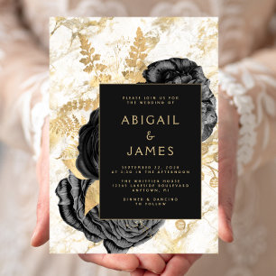 Convites Casamento de Mármore Preto Dourado Floral Elegante