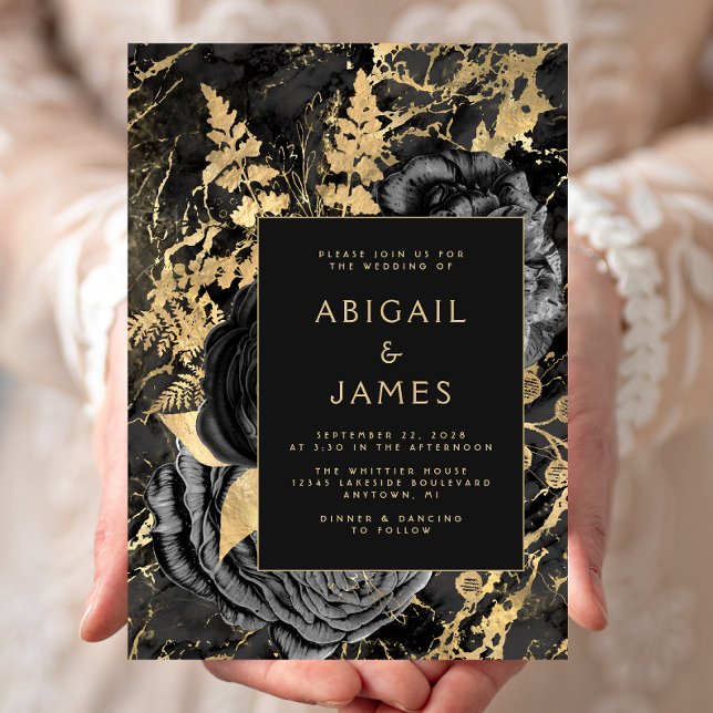 Convites Casamento de Mármore Preto Floral Elegante Dourado (Criador carregado)