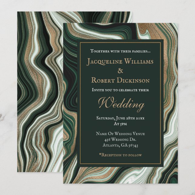 Convites Casamento de Mármore Verde e Dourado Elegante (Frente/Verso)
