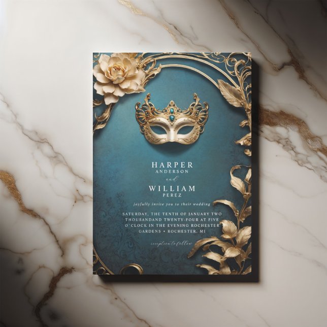 Convites Casamento de Mascarada de ouro e azul entonado (Blue masquerade wedding invitation featuring a venetian mask.)
