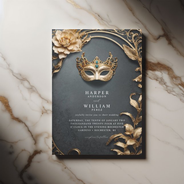Convites Casamento de Mascarada de ouro e preto entonado (Masquerade wedding invitation with baroque undertones and elegant gold foliage)