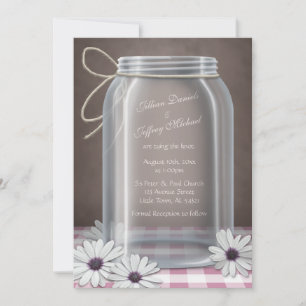 Convites Casamento de Mason Jar Daisy Pink Gingham