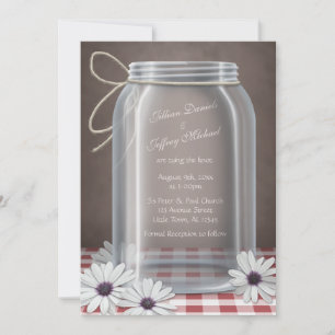 Convites Casamento de Mason Jar Daisy Red Gingham
