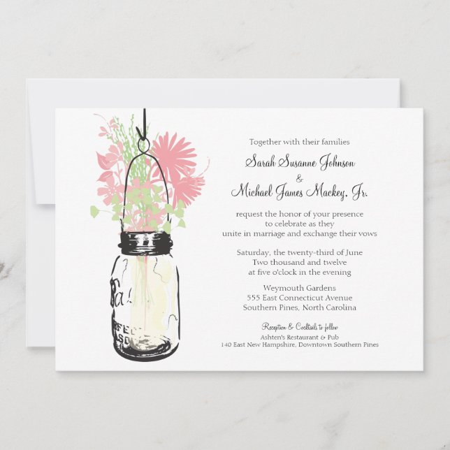 Convites Casamento de Mason Jar e Flores Selvagens (Frente)