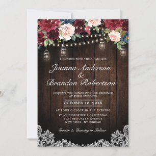 Convites Casamento de Mason Jar, Floral de Madeira Rústica