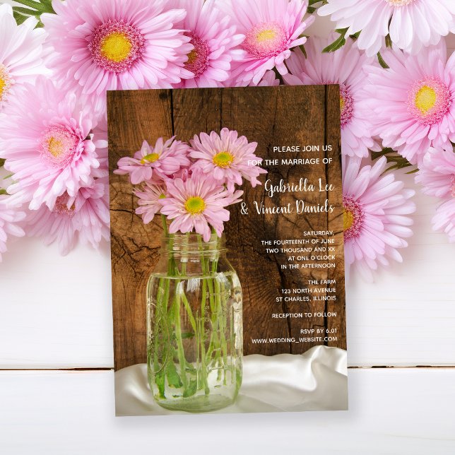 Convites Casamento de Mason Jar Pink Daisies Country (Criador carregado)