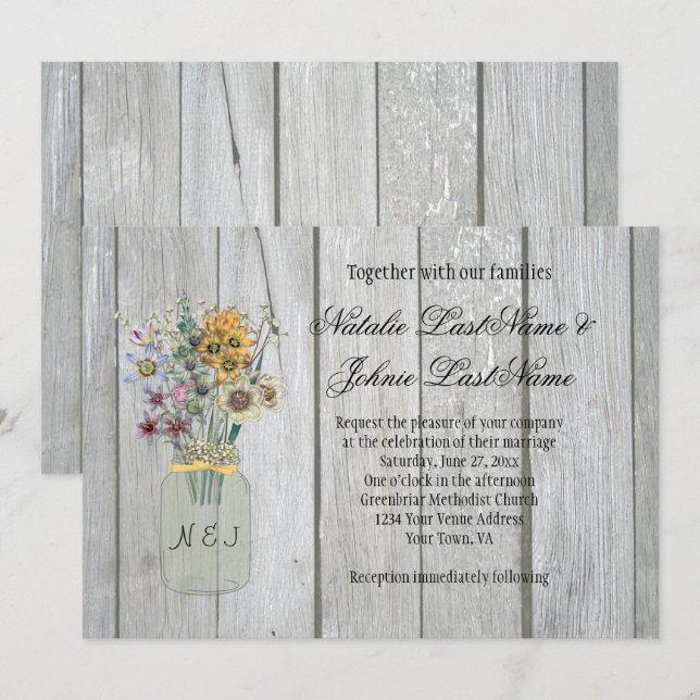 Convites Casamento de Mason Jar Ribbon em Madeira Selvagens (Frente/Verso)