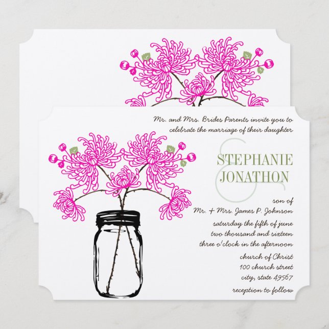 Convites Casamento de Mason Jar Wildflower, rosa-quente (Frente/Verso)