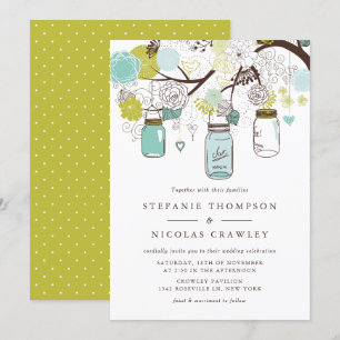 Convites Casamento de Mason Jars de Pé Azul e Verde