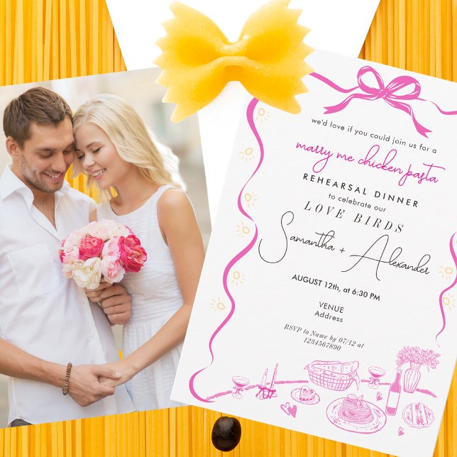 Convites Casamento de Massa de Frango Rosa Ensaio de Casame (Marry Me Chicken Pasta Pink Couple Engagement Italian Wedding Rehearsal Dinner Brunch Invitation )