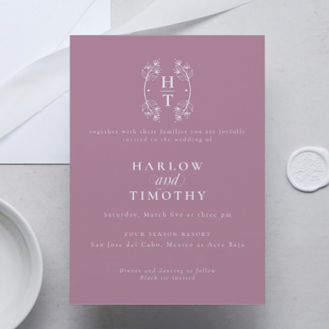 Convites Casamento de Mauve empoeirado com poeira de Peste  (Elegant Monogram Floral Crest dusty mauve Wedding Invitation)