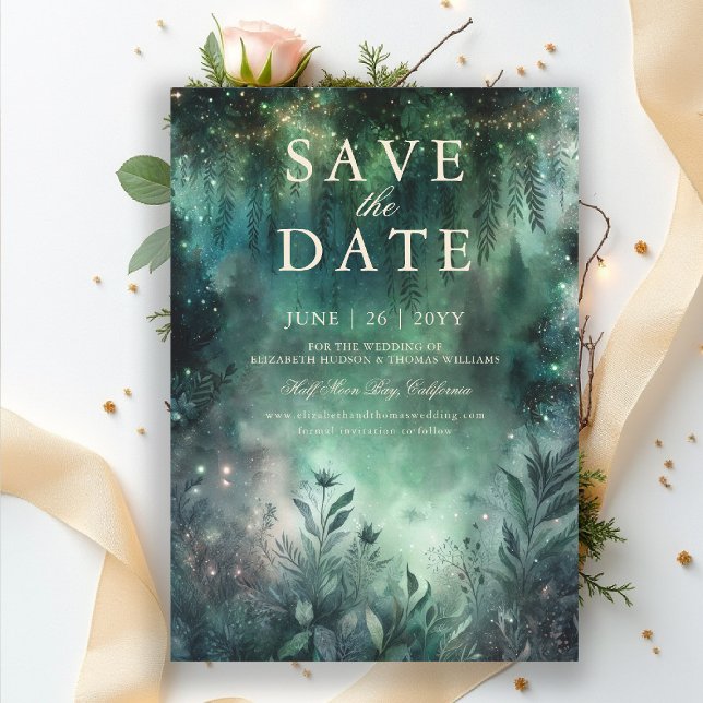 Convites Casamento de Mauve Verde Florestal Encantado Salva (enchanted forest save the date wedding emerald green gold fairytale fairy greenery woodland magic)