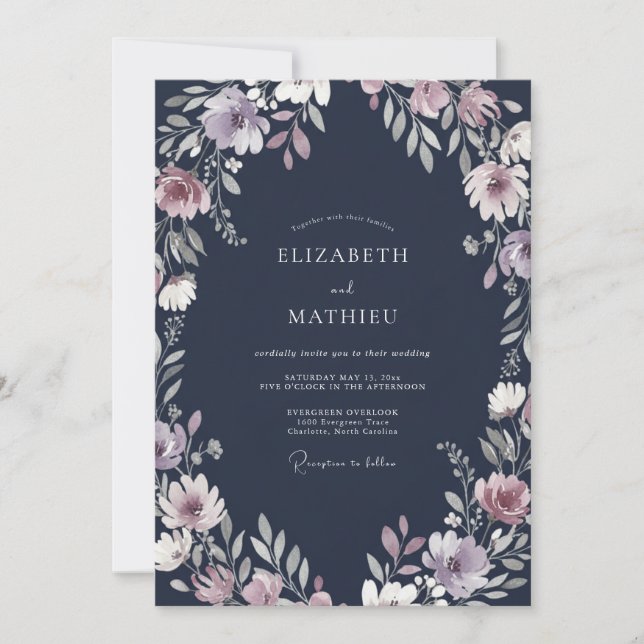 Convites Casamento de Meio da Noite com Amethyst e Flores S (Frente)