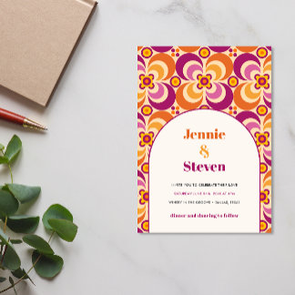 Convites Casamento de meio século Retro Arch Purple Orange