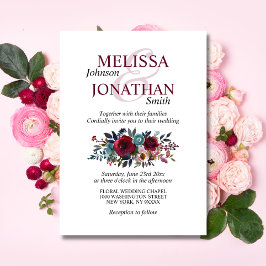 Convites Casamento de Merlot Floral com Aquarela Pintada