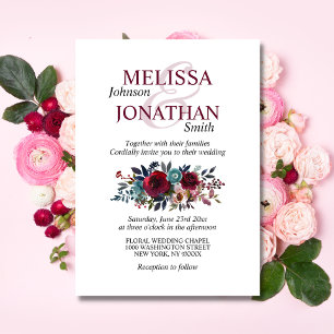 Convites Casamento de Merlot Floral com Aquarela Pintada